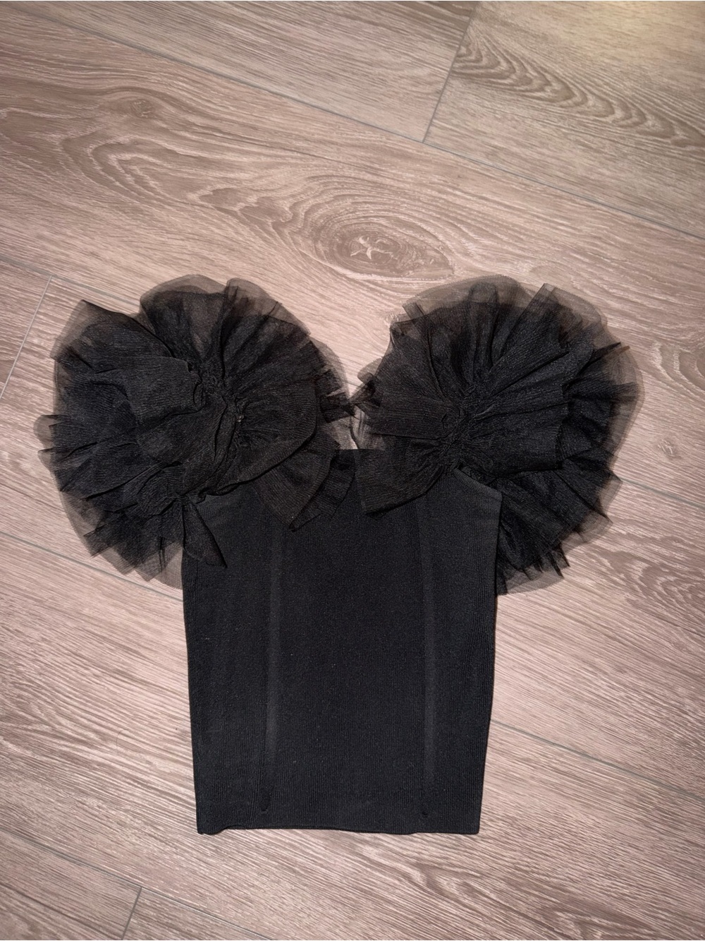 Astr Black Tulle Puff-Sleeve Tube Top